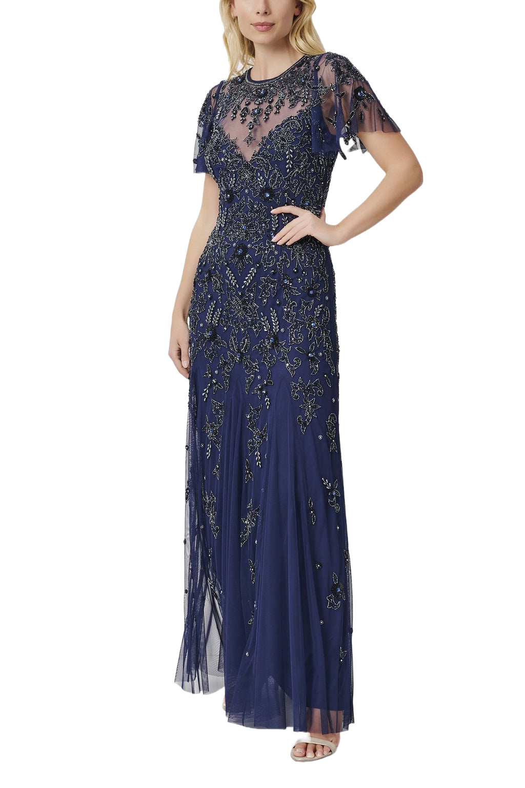 Aidan Mattox Short Sleeve Embroidered Mesh Dress