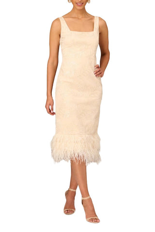 Aidan Mattox Square Neck Sleeveless Zipper Back Slit Back Feather Hem Mesh Dress - CHAMPAGNE - FRONT