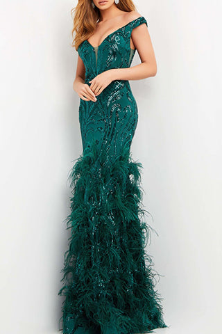 Jovani feather skirt sequin mermaid gown