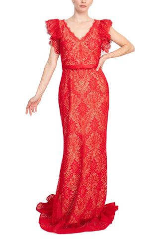 Jovani lace with a v-neckline sheath gown
