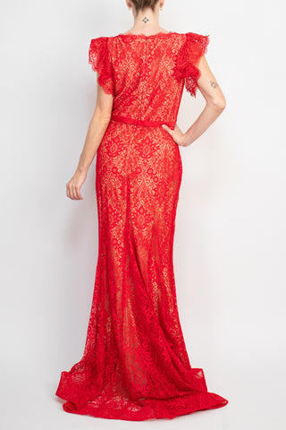 Jovani lace with a v-neckline sheath gown
