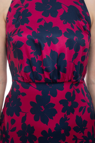 Sam Edelman halter neck zipper closure floral print tie back satin dress_MAGENTA_Front Fabric View