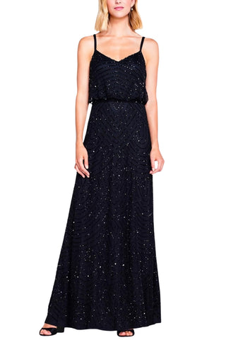 Adrianna Papell Spaghetti Strap V-Neck Blouson Zipper Back Embellished Mesh Dress