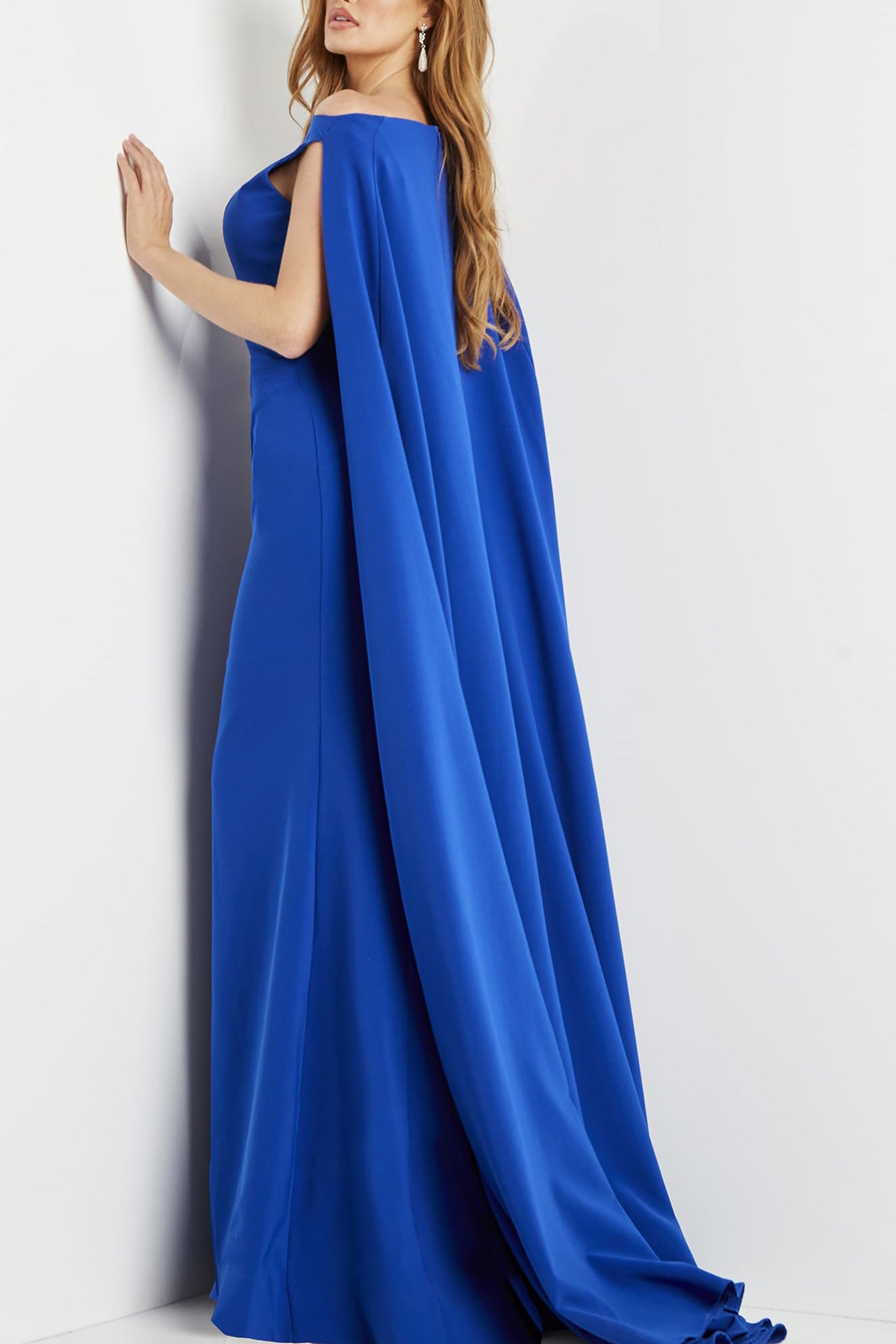Jovani Royal Boat Neck Cape Evening Gown at Curated Brands in LA Jovani Royal Boat Neck Cape Evening Gown at Curated Brands in LA