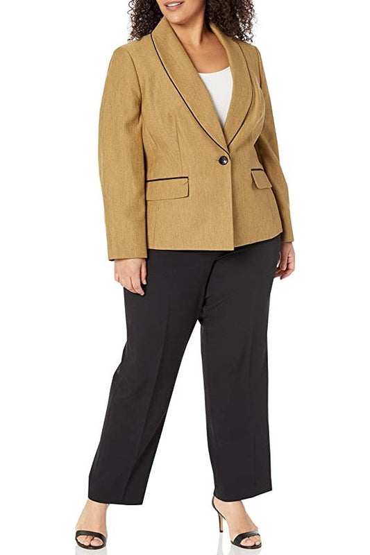 Le Suit V-Neck Long Sleeve Shawl Collar One Button Closure Mini Herringbone Jacket with Mid Waist Elastic Back Waist Solid Slim Pants (Plus Size)
