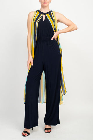 Emma & Michele Sleeveless Scoop Neck Stripped Jumpsuit - Blue Blue Yellow_Front View1