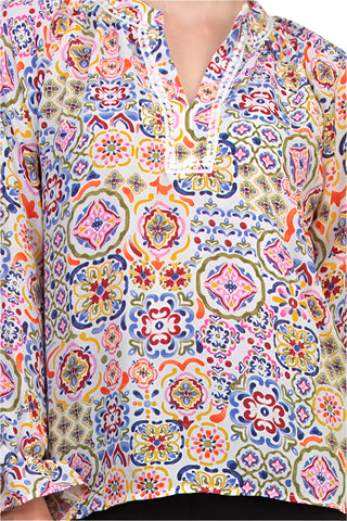 Grace Bohemian Intricate Tile Detail Crochet Trim Edges V-Neckline Elastic Cuffs Top Blouse Dress