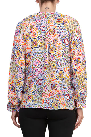 Grace Bohemian Intricate Tile Detail Crochet Trim Edges V-Neckline Elastic Cuffs Top Blouse Dress - WHITE MULTI - Back