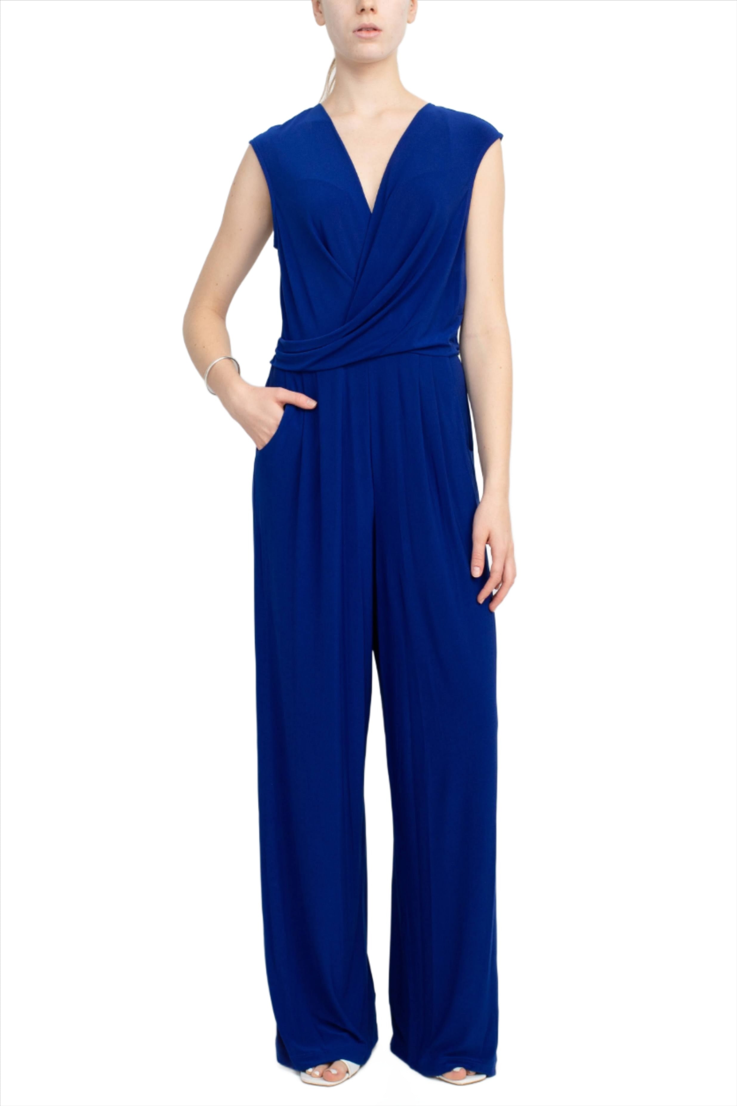 Emma & Michele V-Neck Cap Sleeve Draped Ruched Solid Keyhole Back ITY Jumpsuit with Pockets | Available at Curated Brands in Los Angeles Emma & Michele V-Neck Cap Sleeve Draped Ruched Solid Keyhole Back ITY Jumpsuit with Pockets | Available at Curated Brands in Los Angeles