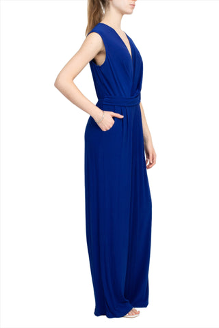 Emma & Michele V-Neck Cap Sleeve Draped Ruched Solid Keyhole Back ITY Jumpsuit with Pockets
