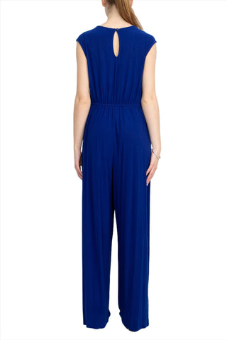 Emma & Michele V-Neck Cap Sleeve Draped Ruched Solid Keyhole Back ITY Jumpsuit with Pockets