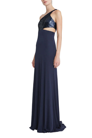 Halston one shoulder sleeveless zipper closure cut out waist matte jersey gown with sequined bodice