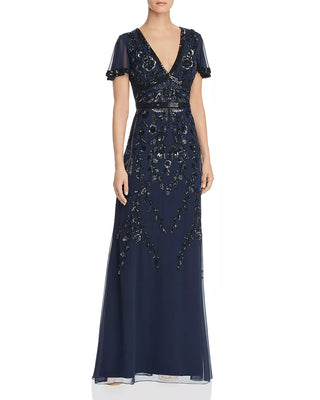 Aidan Mattox V-Neck Short Sleeve Zipper Back Embellished Chiffon Gown