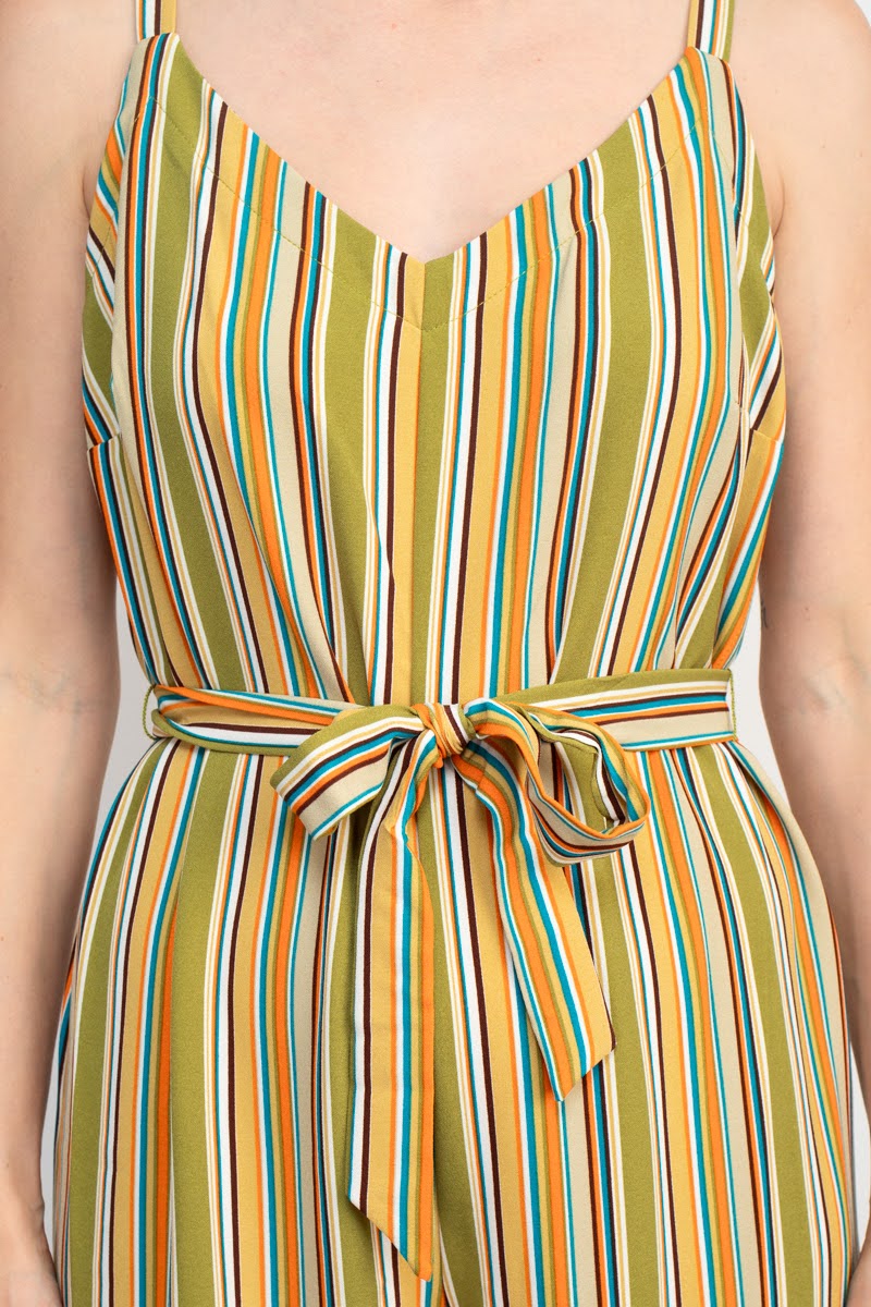 Emma & Michele Banded Strap V-Neck Side Button Zipper Back Tie Waist Stripe Print Crepe Jumpsuit| Available at Curated Brands in Los Angeles Emma & Michele Banded Strap V-Neck Side Button Zipper Back Tie Waist Stripe Print Crepe Jumpsuit| Available at Curated Brands in Los Angeles