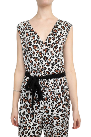 Emma & Michele V-Neck Elastic Waist Sleeveless Tie Waist Animal Print ITY Jumpsuit - Brown Black - Fabric