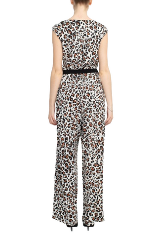 Emma & Michele V-Neck Elastic Waist Sleeveless Tie Waist Animal Print ITY Jumpsuit - Brown Black - Back