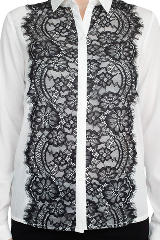 Alberto Makali Collared Long Sleeve Button Down Floral Lace Trim Chiffon Top - White Black - Fabric