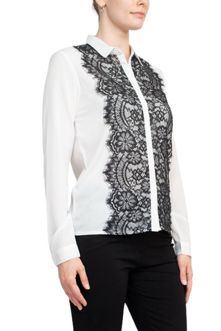 Alberto Makali Collared Long Sleeve Button Down Floral Lace Trim Chiffon Top - White Black - Side