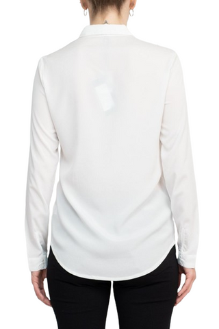 Alberto Makali Collared Long Sleeve Button Down Floral Lace Trim Chiffon Top - White Black - Back