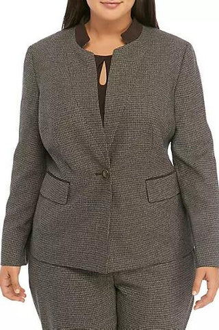 Kasper Mini Houndstooth Stand Collar Jacket ( Plus Size ) - MOCHA MULTI - Front 