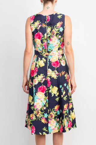 Emma & Michele Square Neck Sleeveless Tie Waist Zipper Back Floral Print A-Line Pockets Midi Taffeta Dress