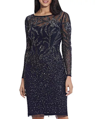 Adrianna Papell Boat Neck Long Sleeve Illusion Sequined Beaded Zipper Back Bodycon Mesh Dress - MIDNIGHT - Front 