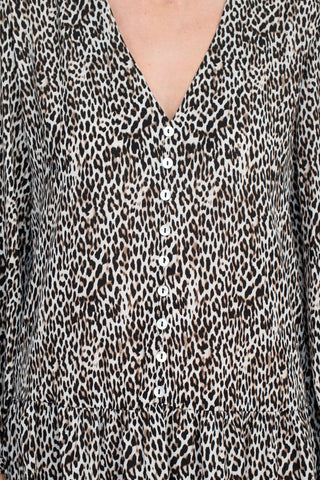 Emma & Michele Stand Collar V-Neck Long Sleeve Button Cuff Animal Print Chiffon Short Shift Dress