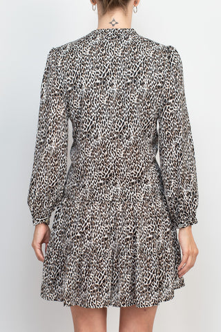 Emma & Michele Stand Collar V-Neck Long Sleeve Button Cuff Animal Print Chiffon Short Shift Dress