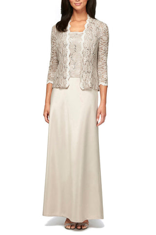 Alex Evenings Square Neck Lace Top A-Line Dress with 3/4 Sleeve Lace Jacket (2 Piece Set) - TAUPE - Front View 