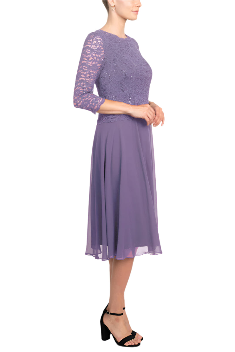 Alex Evenings Boat Neck 3/4 Sleeve Embellished Lace Bodice Zipper Back Solid Tea-Length Lace & Chiffon Dress| Available at Curated Brands in Los Angeles Alex Evenings Boat Neck 3/4 Sleeve Embellished Lace Bodice Zipper Back Solid Tea-Length Lace & Chiffon Dress| Available at Curated Brands in Los Angeles