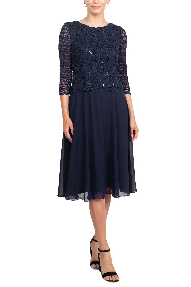 Alex Evenings Boat Neck 3/4 Sleeve Embellished Lace Bodice Zipper Back Solid Tea-Length Lace & Chiffon Dress| Available at Curated Brands in Los Angeles Alex Evenings Boat Neck 3/4 Sleeve Embellished Lace Bodice Zipper Back Solid Tea-Length Lace & Chiffon Dress| Available at Curated Brands in Los Angeles