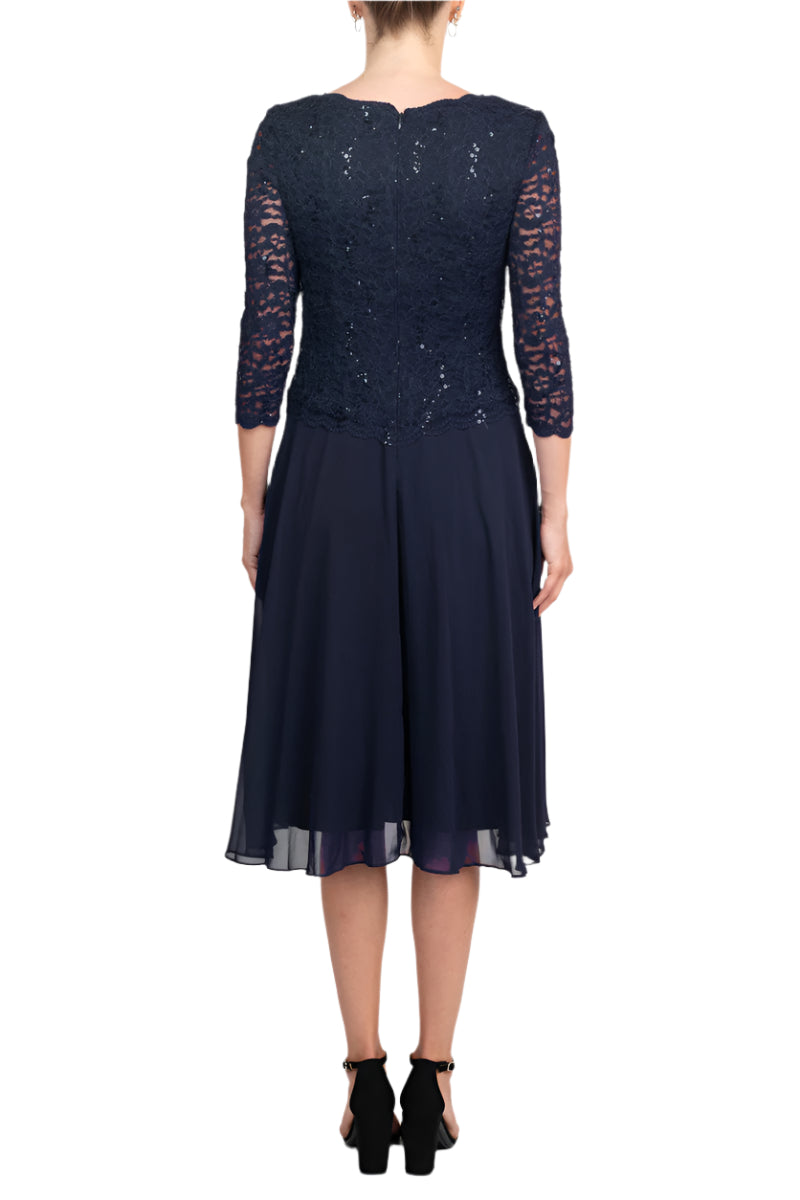 Alex Evenings Boat Neck 3/4 Sleeve Embellished Lace Bodice Zipper Back Solid Tea-Length Lace & Chiffon Dress Alex Evenings Boat Neck 3/4 Sleeve Embellished Lace Bodice Zipper Back Solid Tea-Length Lace & Chiffon Dress