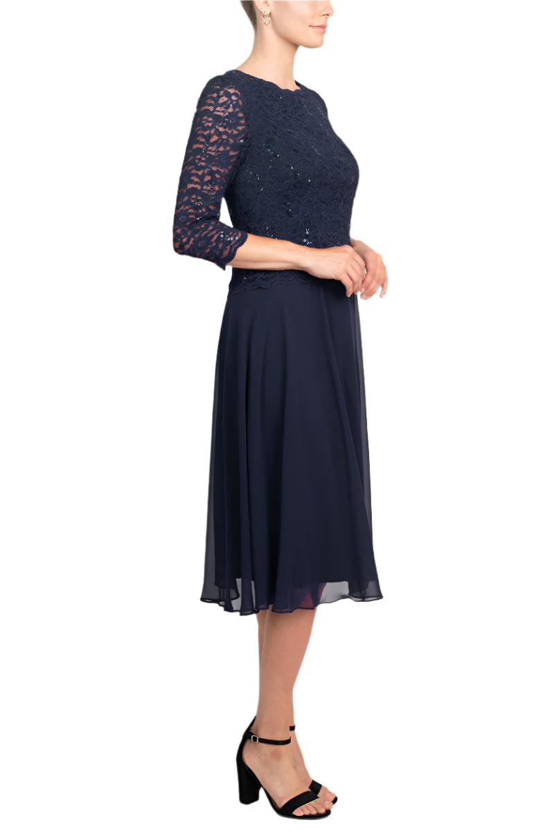 Alex Evenings Boat Neck 3/4 Sleeve Embellished Lace Bodice Zipper Back Solid Tea-Length Lace & Chiffon Dress| Available at Curated Brands in Los Angeles Alex Evenings Boat Neck 3/4 Sleeve Embellished Lace Bodice Zipper Back Solid Tea-Length Lace & Chiffon Dress| Available at Curated Brands in Los Angeles