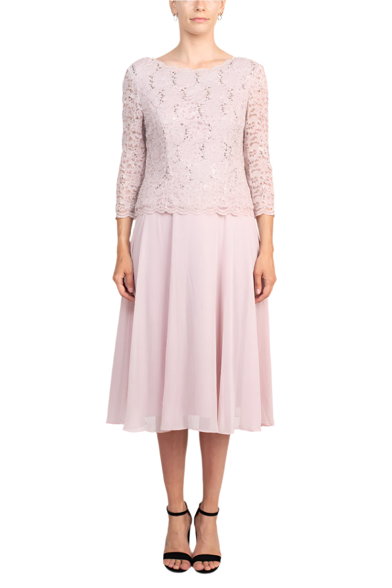 Alex Evenings Boat Neck 3/4 Sleeve Embellished Lace Bodice Zipper Back Solid Tea-Length Lace & Chiffon Dress| Available at Curated Brands in Los Angeles Alex Evenings Boat Neck 3/4 Sleeve Embellished Lace Bodice Zipper Back Solid Tea-Length Lace & Chiffon Dress| Available at Curated Brands in Los Angeles