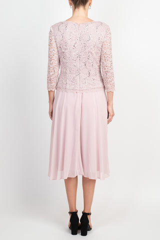 Alex Evenings Jewel Neck 3/4 Sleeve Embellished Lace Bodice Zipper Back Solid Tea-Length Lace & Chiffon Dress