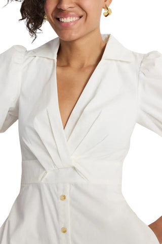 Hutch Laurel White Collared V-Neckline Back Zipper Gathered Cuff Short Sleeves Button-Down Skirt Midi Dress