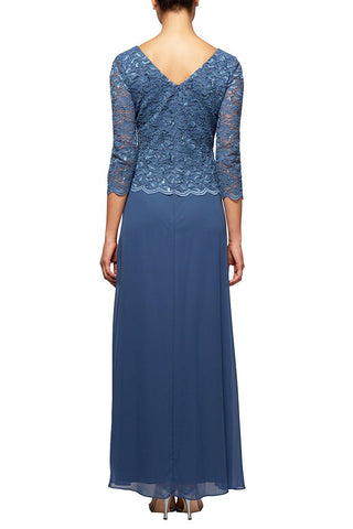 Alex Evenings boat neck 3/4 sleeve scalloped detail lace and chiffon gown