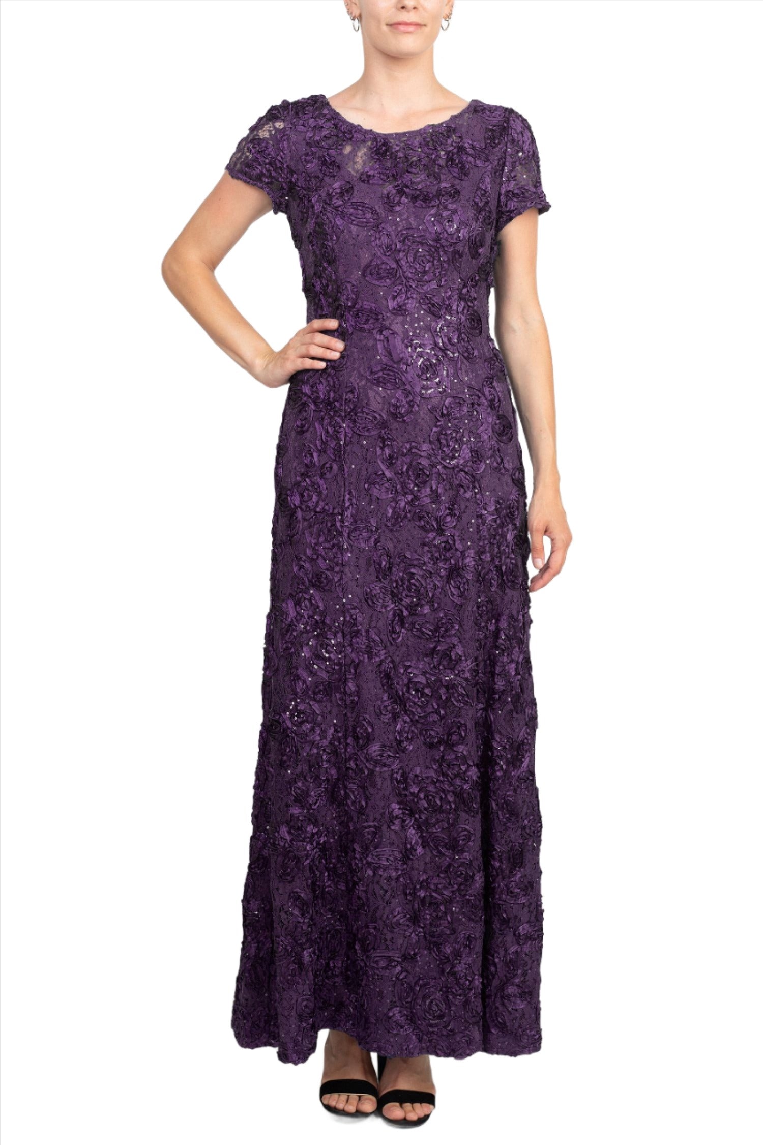 Alex Evenings Scoop Neck Short Sleeve Zipper Back Embellished Lace Dress| Available at Curated Brands in Los Angeles Alex Evenings Scoop Neck Short Sleeve Zipper Back Embellished Lace Dress| Available at Curated Brands in Los Angeles