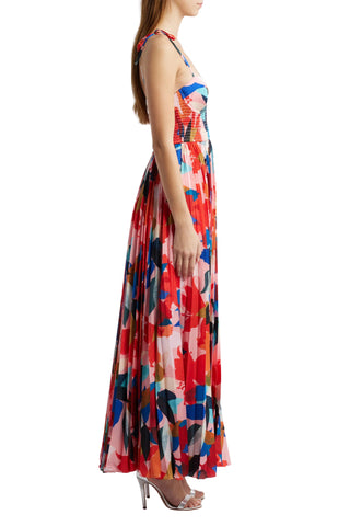 Hutch Vibrant Print Sweetheart Smocked Bustier Bodice Adjustable Tie Straps Accordion-Pleated Skirt Maxi Dress