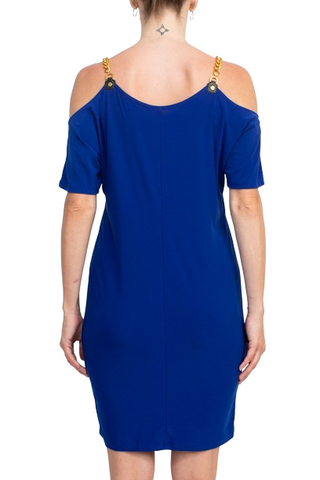 Emma & Michele Scoop Neck Chain Detail Cold Shoulder Short Sleeve Solid ITY Dress - Ultra Marine - Back