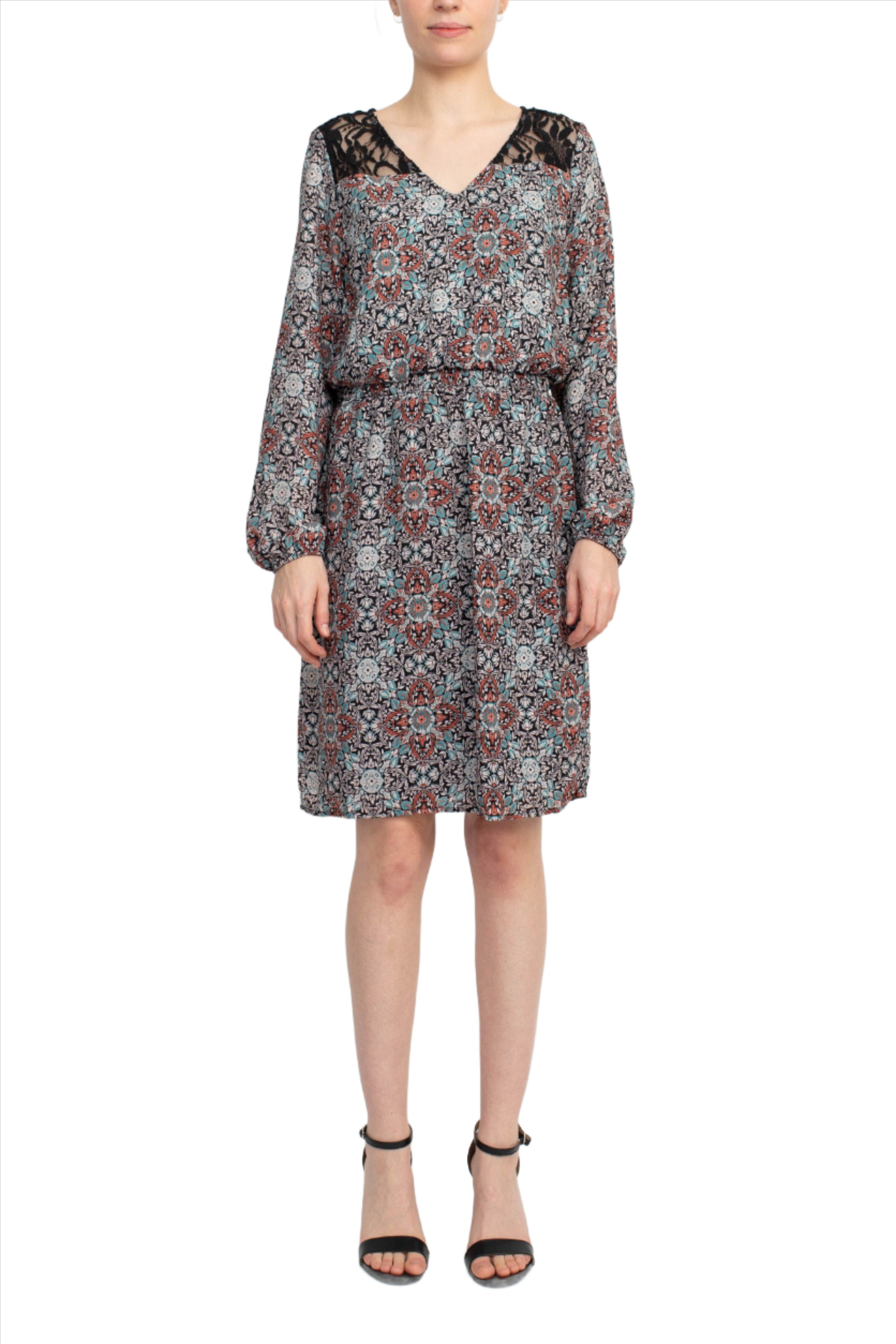 Emma Michele V Neck Blouson Elastic Waist Long Sleeve Floral Print Crepe Dress