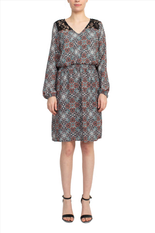 Emma & Michele V-Neck Blouson Elastic Waist Long Sleeve Floral Print Crepe Dress