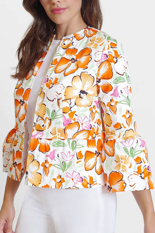 Peace Of Cloth Open Front Flounce 3/4 Sleeve and Waist Floral Print Crepe Jacket