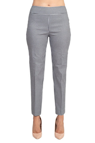 Counterparts Banded Waist Printed Pencil Cut Pull-on Rayon Pant - Black Gingham - Front