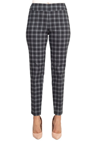 Counterparts Banded Waist Printed Pencil Cut Pull-on Rayon Pant - Black White Plaid - Front