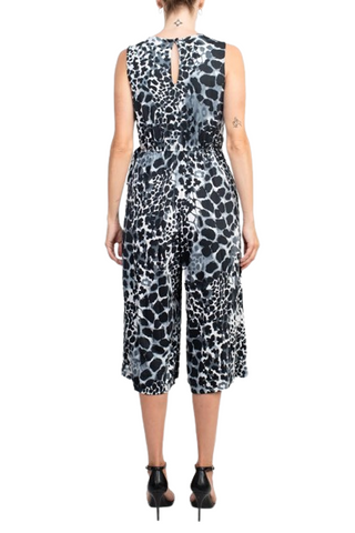 Emma & Michele V-Neck Sleeveless Tie Side Multi Print Pockets ITY Jumpsuit - Black White - Back