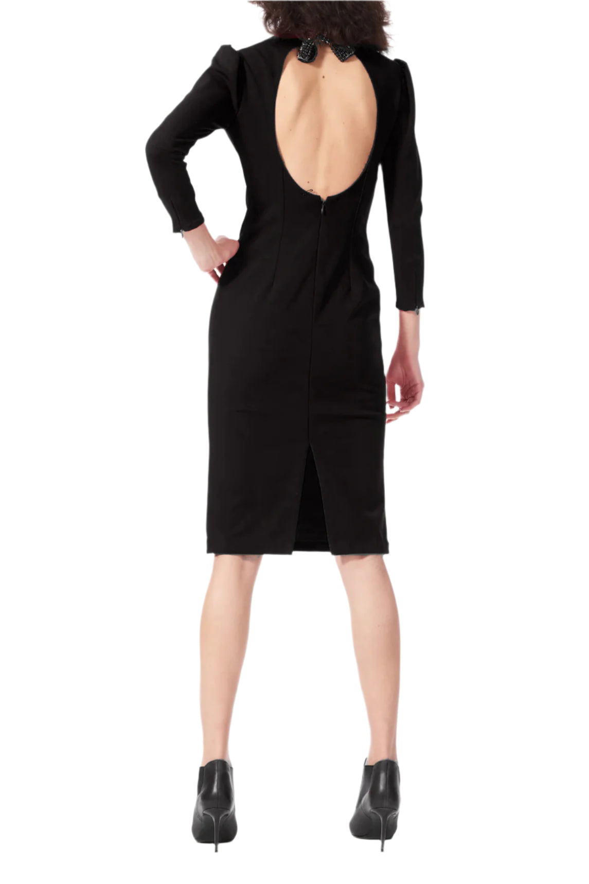 Emily Shalant Beaded Mock Neck And Bow Detail Open Back 3/4 Sleeves Back Zipper Short Dress | Available at Curated Brands in Los Angeles Emily Shalant Beaded Mock Neck And Bow Detail Open Back 3/4 Sleeves Back Zipper Short Dress | Available at Curated Brands in Los Angeles