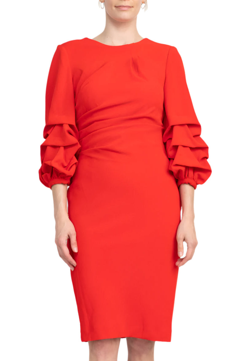 Alberto Makali Crew Neck Ruched 3/4 Sleeve Scoop Back Zipper Back Solid Crepe Dress