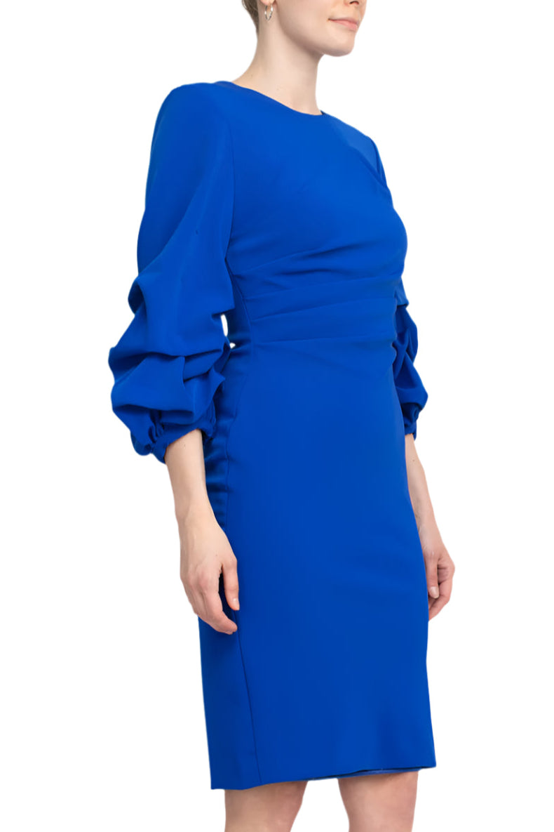 Alberto Makali Crew Neck Ruched 3/4 Sleeve Scoop Back Zipper Back Solid Crepe Dress | Available at Curated Brands in Los Angeles Alberto Makali Crew Neck Ruched 3/4 Sleeve Scoop Back Zipper Back Solid Crepe Dress | Available at Curated Brands in Los Angeles