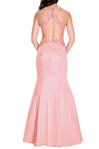 Decode Crew Neck Sleeveless Illusion Cutout Back Embellished Mermaid Stretch Satin Trumpet Gown